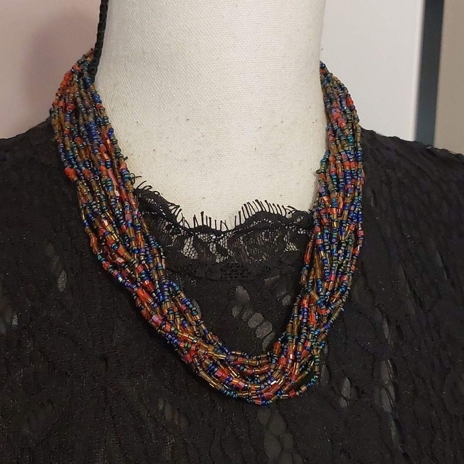 Vintage Artisan Colorful Multistrand Bead Necklace Hook and Loop Clasp