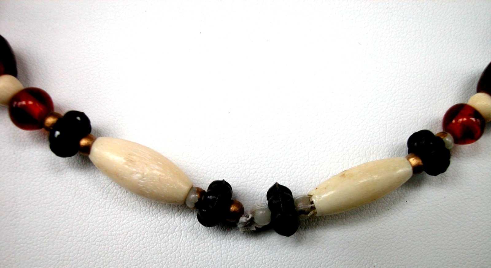 Ivory, Black & Amber Acrylic Bead Necklace, 28″ Long, Hook & Eye closer