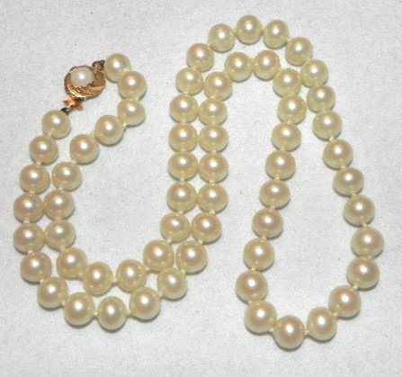 Vintage 8mm Faux Pearl Hand Knot Bead Necklace Coated Glass Antique Linen Color
