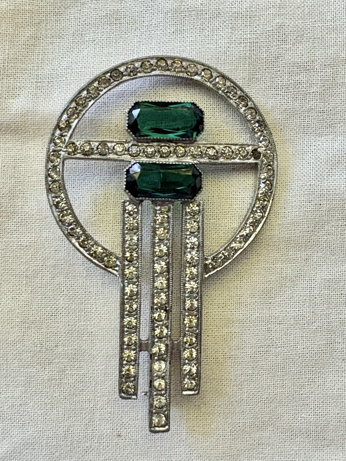 Vintage Art Deco Silver Tone Green Rhinestone Circle Cascade Brooch c1930s