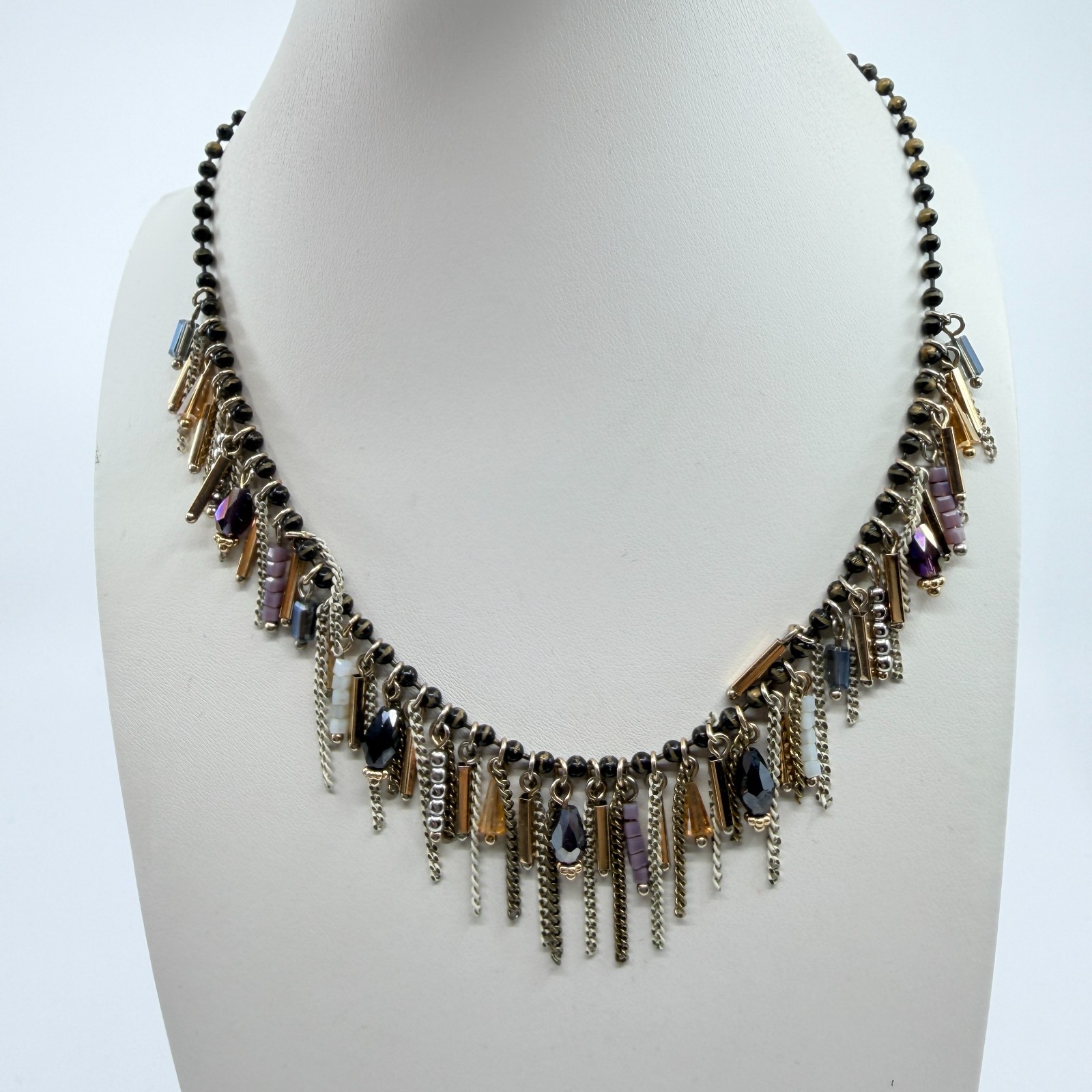 Vintage Boho Multi Strand Fringe Statement Necklace Beaded Chain Bib Mixed Metal