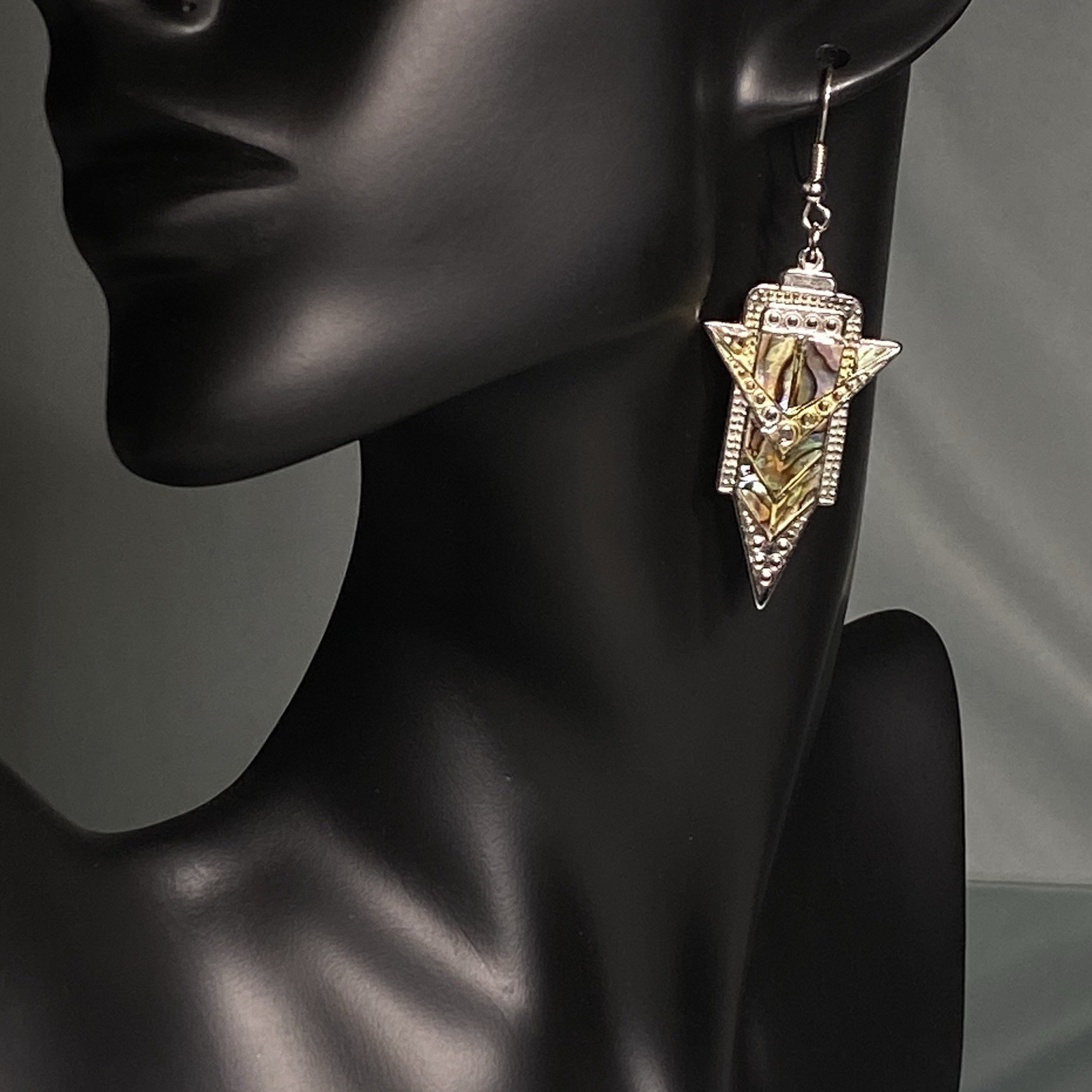 Art Deco Inlaid NZ Pāua Shell on Dangle Earrings 13g, Length Approximately 2”