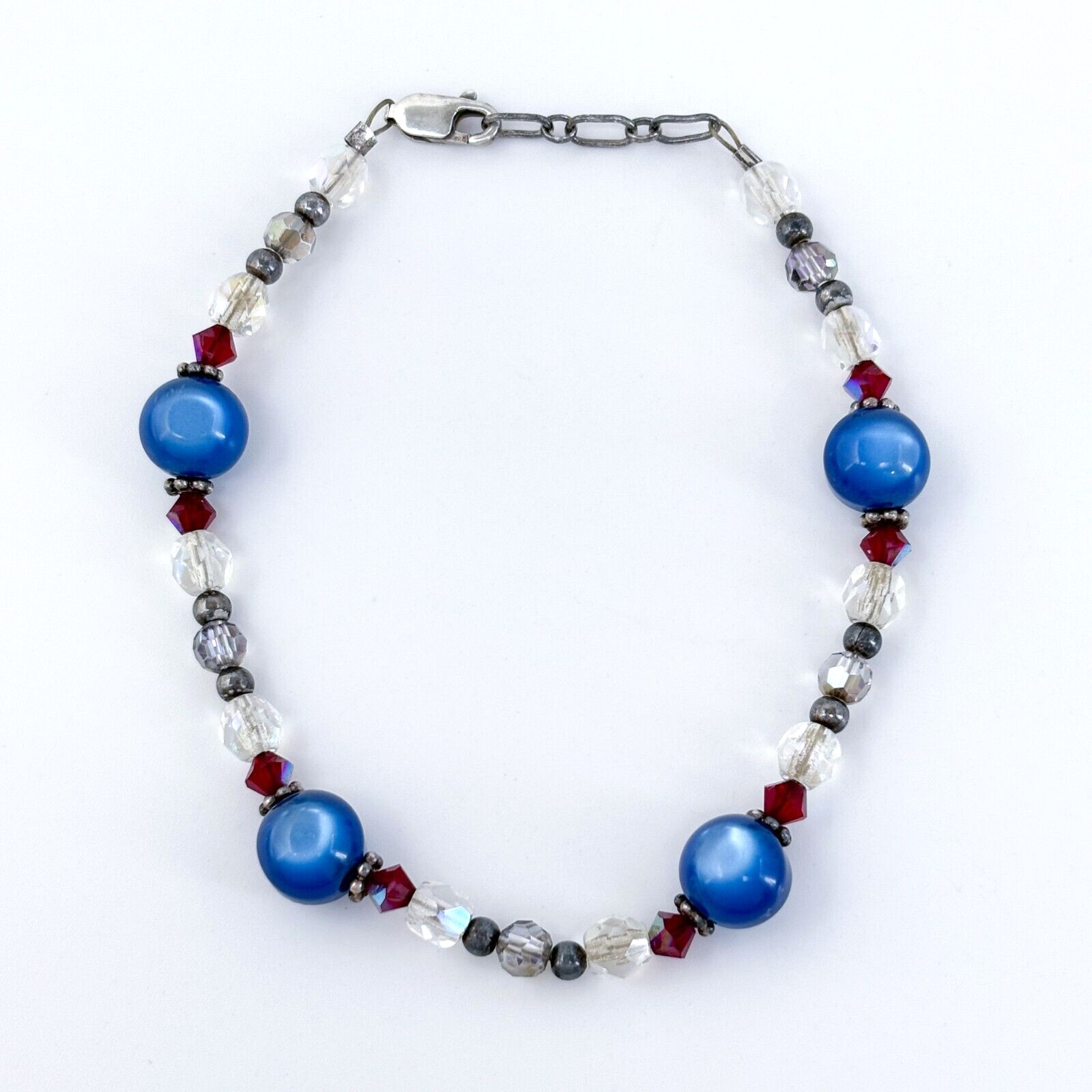 Vintage Sterling Silver 925 Glass and Crystal Beaded Bracelet 8″