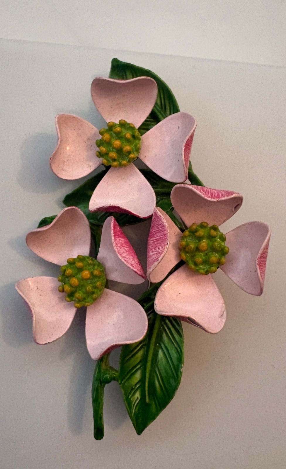 Vintage Pink and Green Enamel Dogwood Flower Brooch