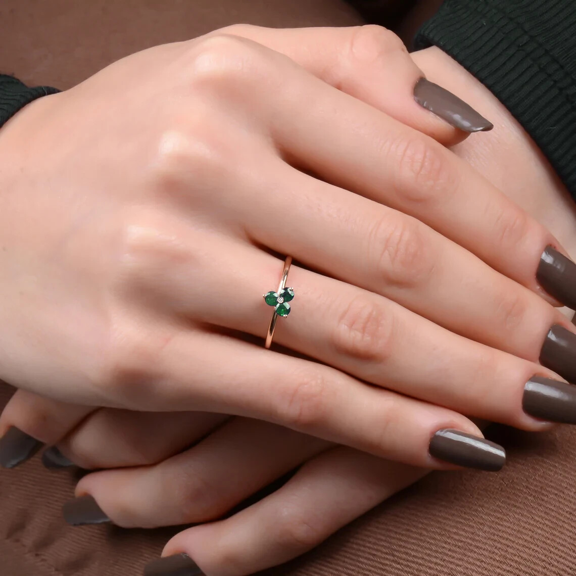 Emerald Gemstone Ring Minimal Solid 14k Rose Gold Diamond Ring Wedding Jewelry
