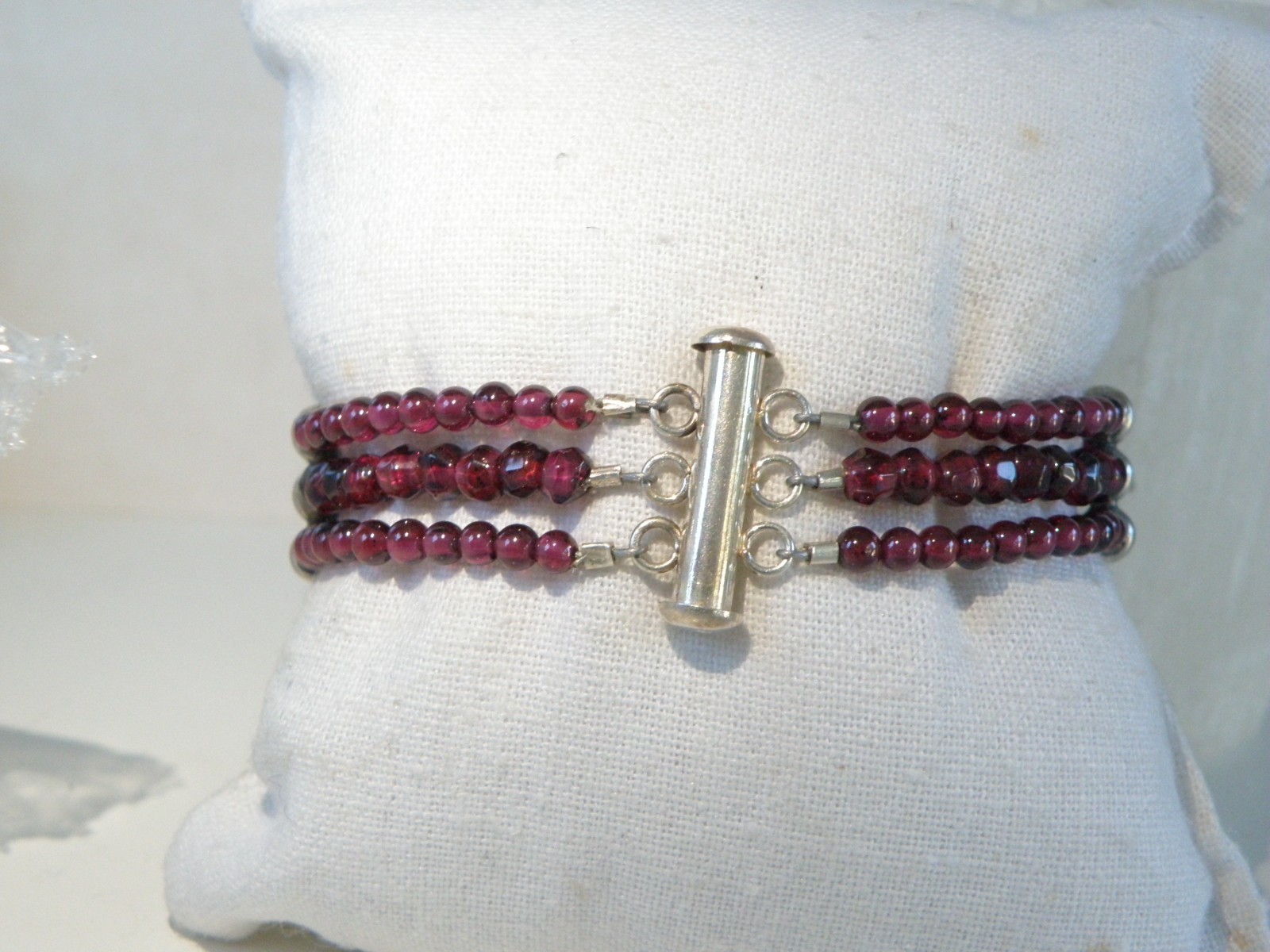 Vintage Sterling Silver 925 Bohomian Pink Red Garnet Station Bracelet 7.5″