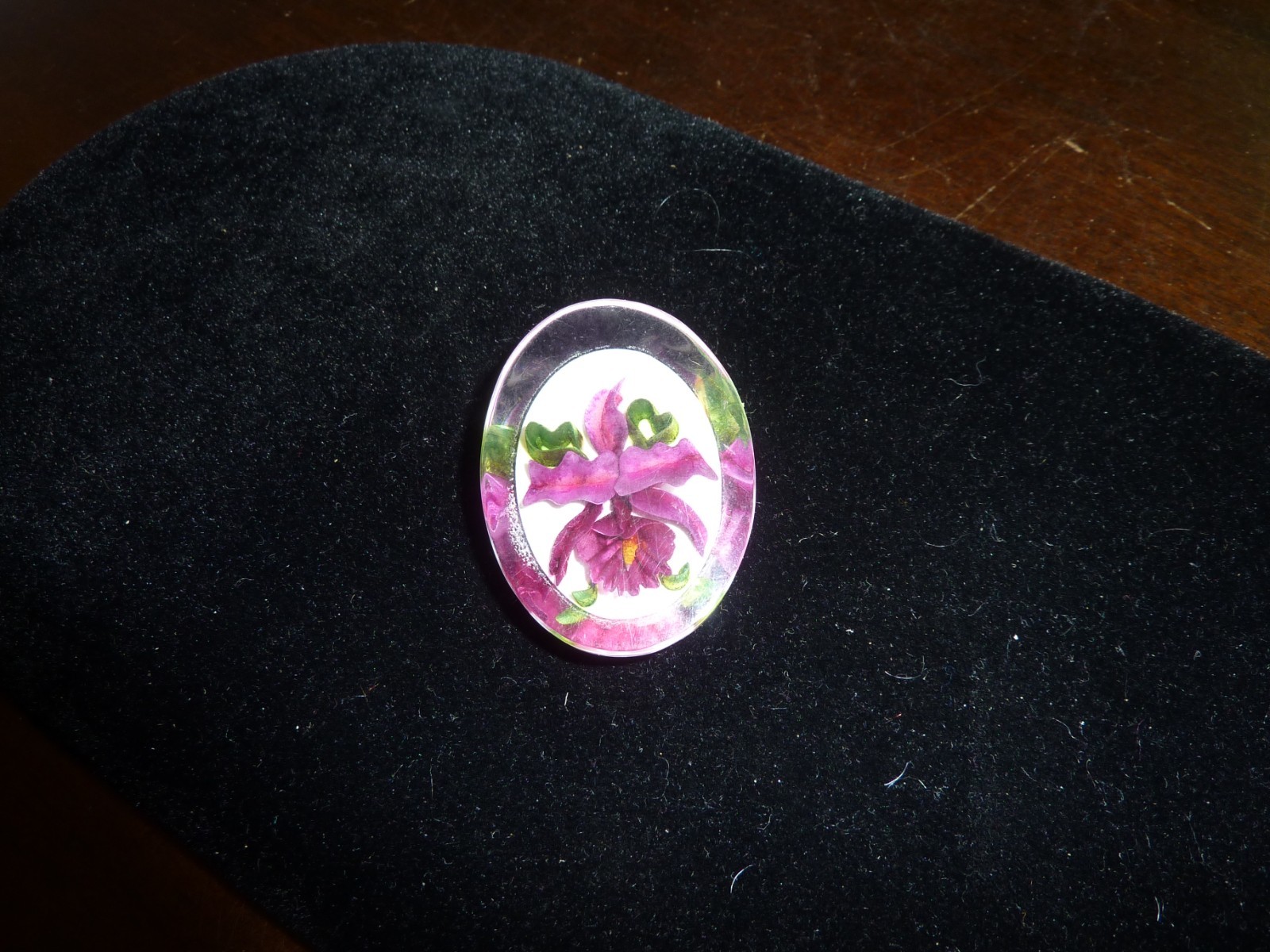 Lucite oval reverse carved purple cattleya orchid pin brooch