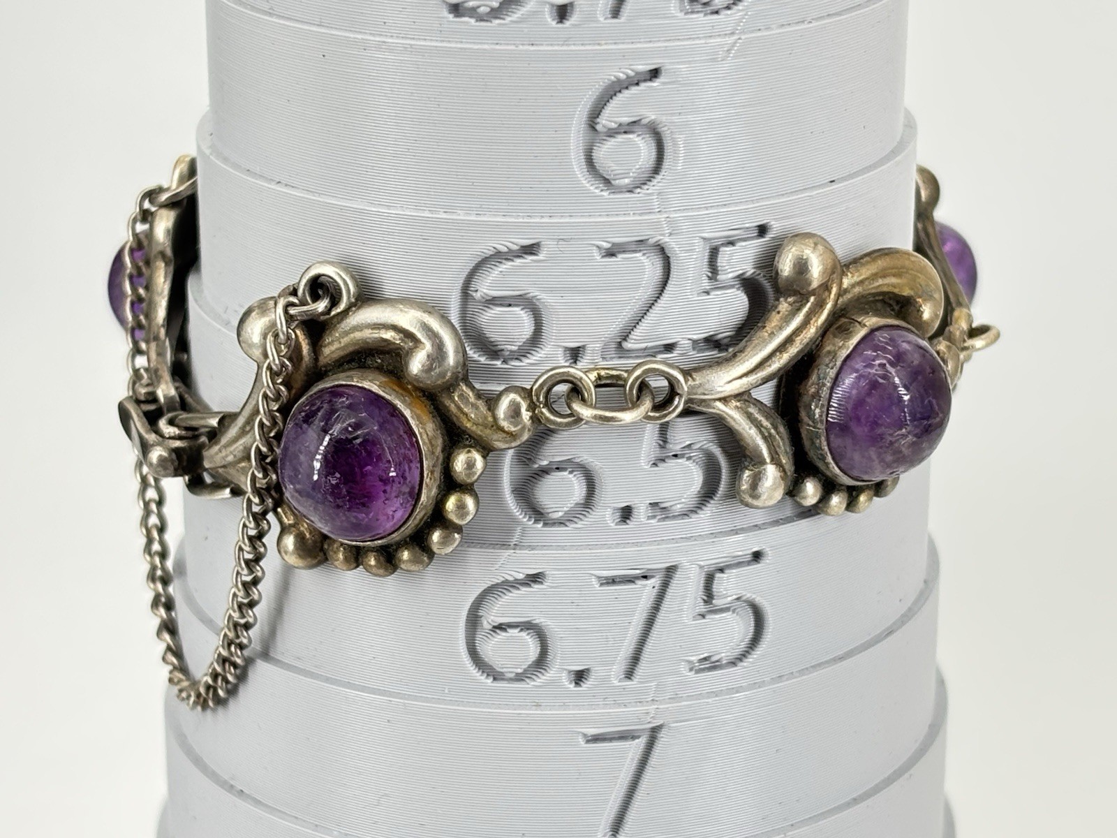 VTG LOS CASTILLO Taxco Sterling Silver Amethyst Floral Scrollwork Panel Bracelet