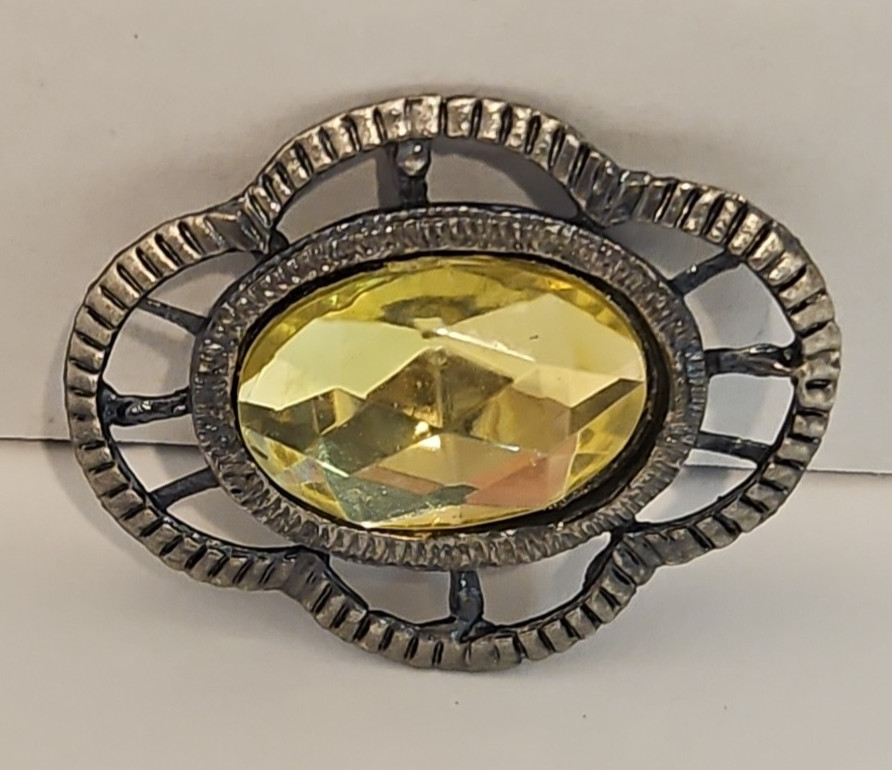 Vintage Silver Tone Brooch w/ Large Faceted Yellow Stone 2″x.5″x1.5″