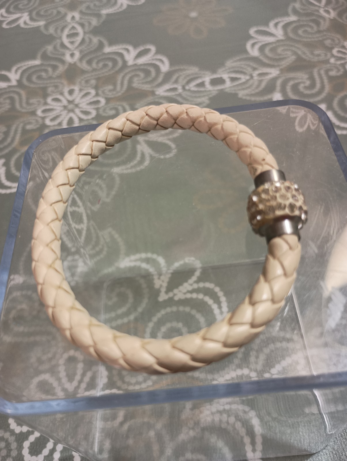 Vintage White Braided Leather Bracelet Crystal Rhinestone Bead Silver Tone Clasp
