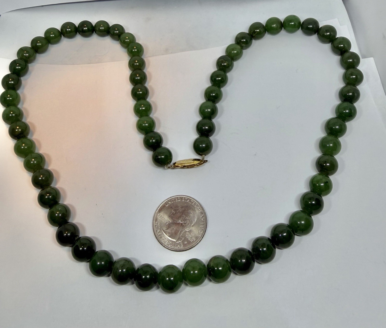Vintage 8mm Dark Green Jade Beads Necklace Goldtone Clasp 23”