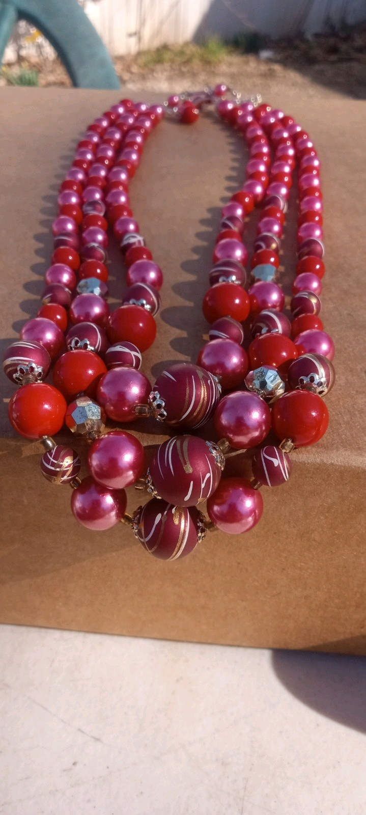 1950’s Japan 3 Strand 21″ Graduated Lucite Beads Necklace Red Purple Pink Signed