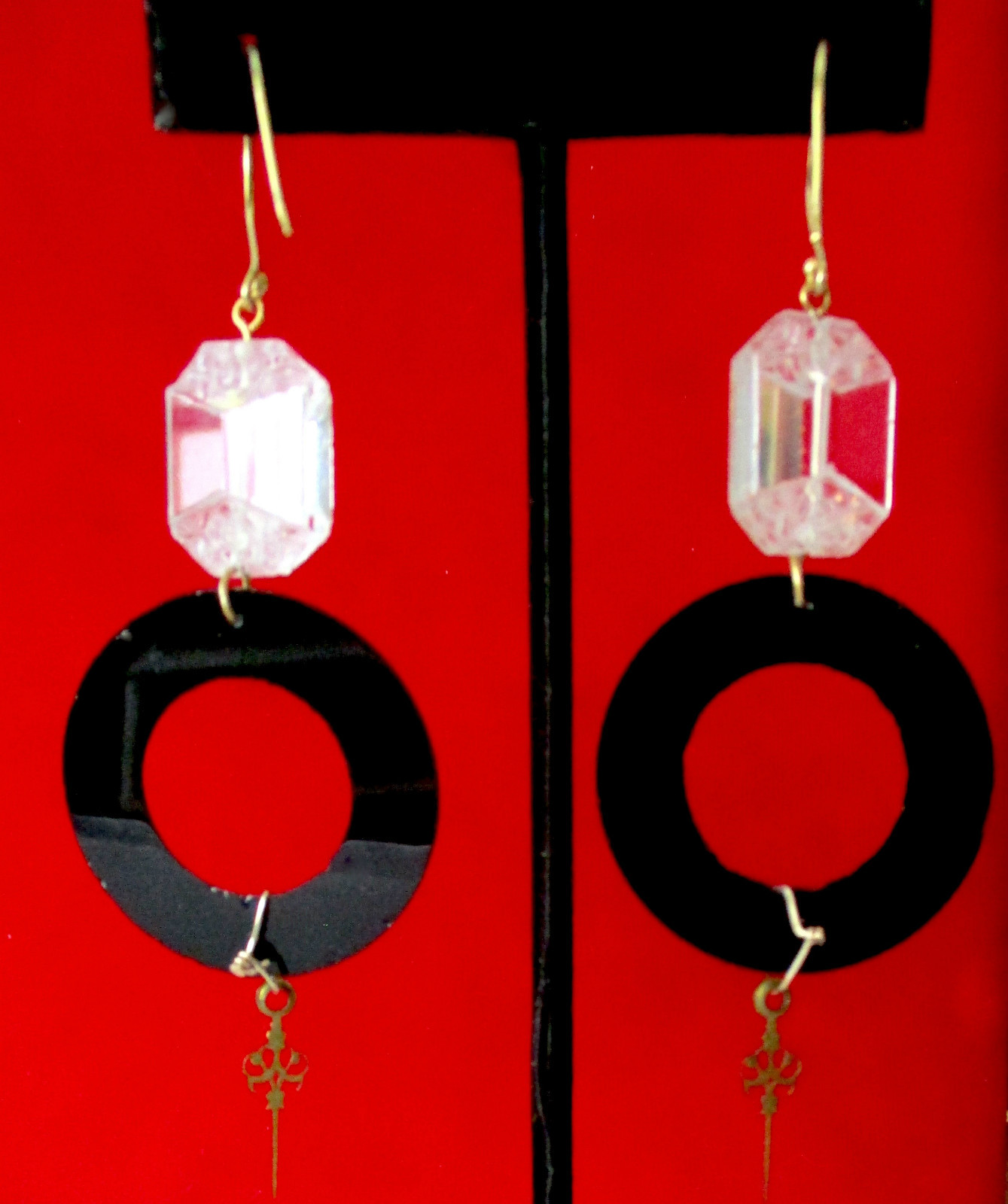 Pair of 3 1/2-Inch Deco Crystal & French Jet Earrings With Brass Trim