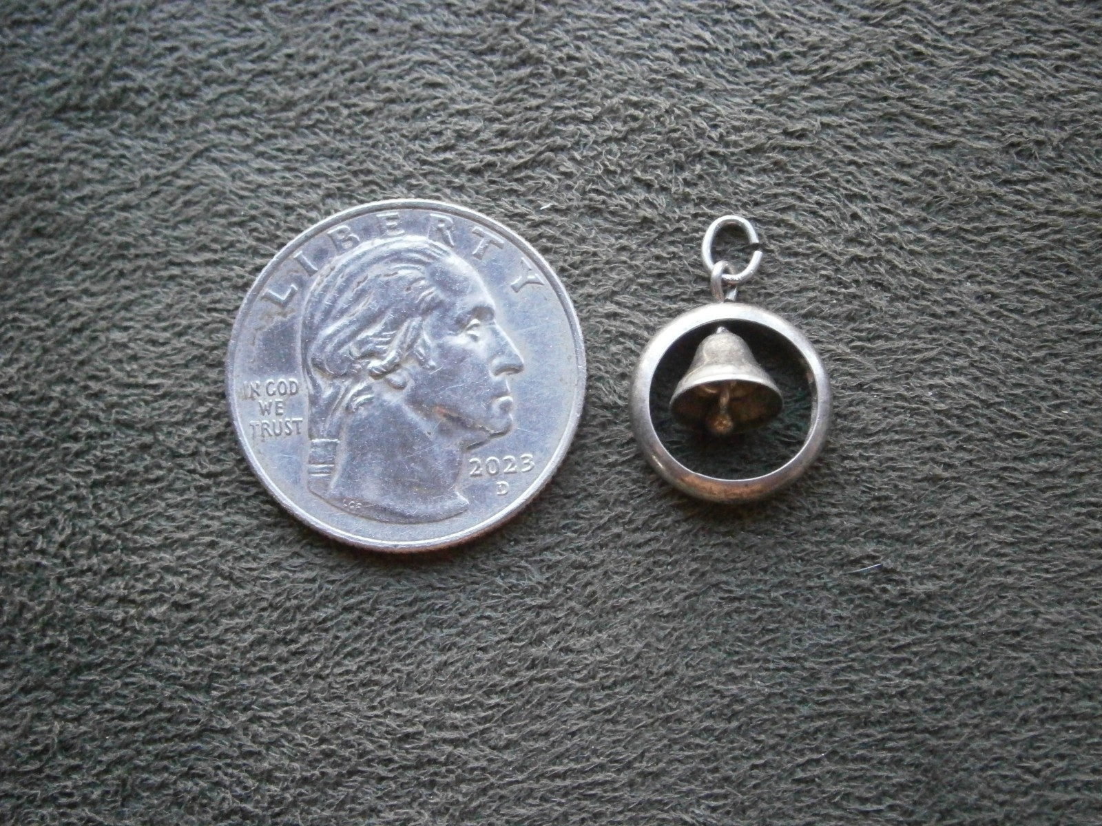 Bell Dangling in Circle Vintage 1940s Sterling Silver Bracelet Charm Pendant