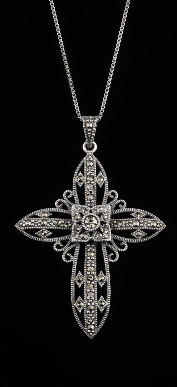 Vintage 925 Sterling Silver Marcasite Cross Pendant Gothic Victorian Style