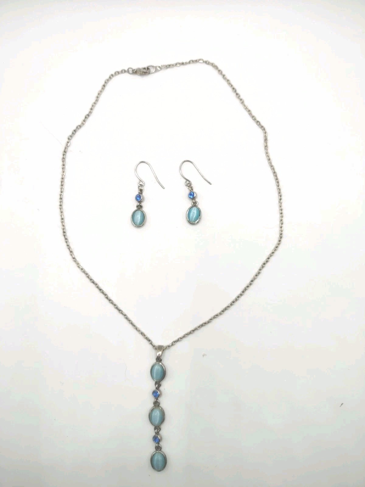 Silver Tone Necklace pierced Earrings blue Iridescent Stones Fashion Jewelry