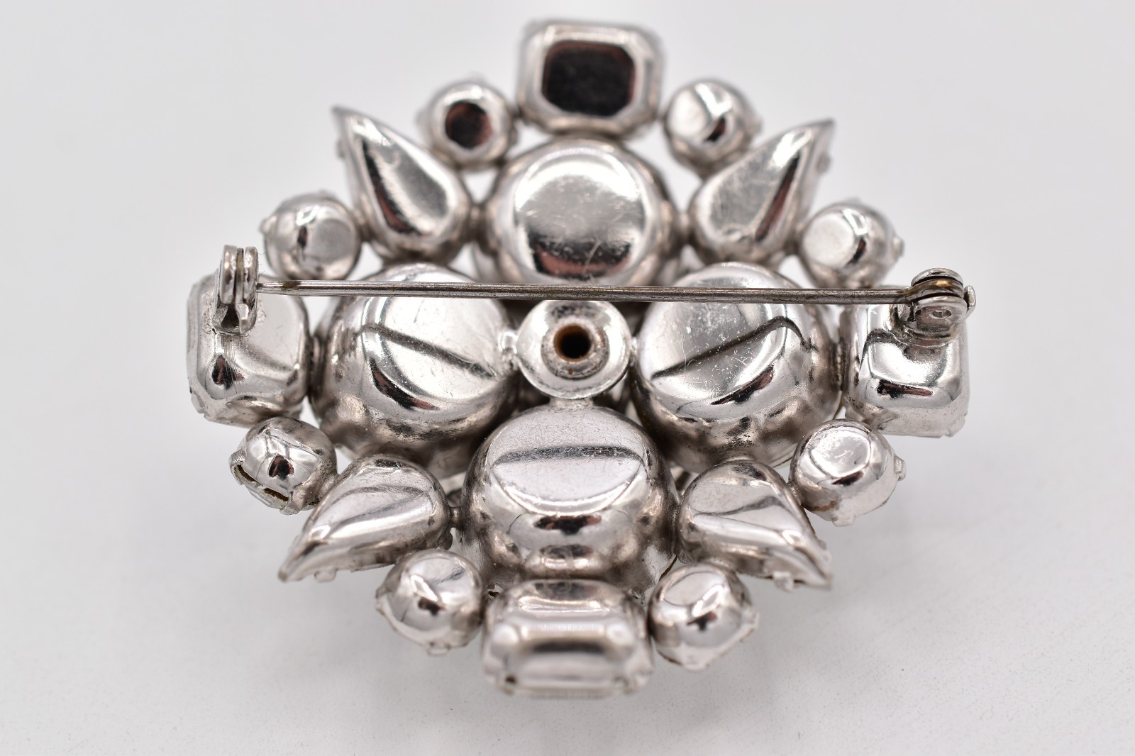 Vintage Clear Rhinestone Cluster Brooch Pin Silver Prong Baguette Crystal BinBP