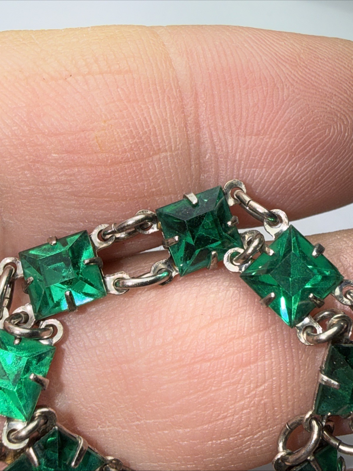 Bracelet Art Deco Paste Gwen Emerald Glass Sterling Silver Square Stone Antique