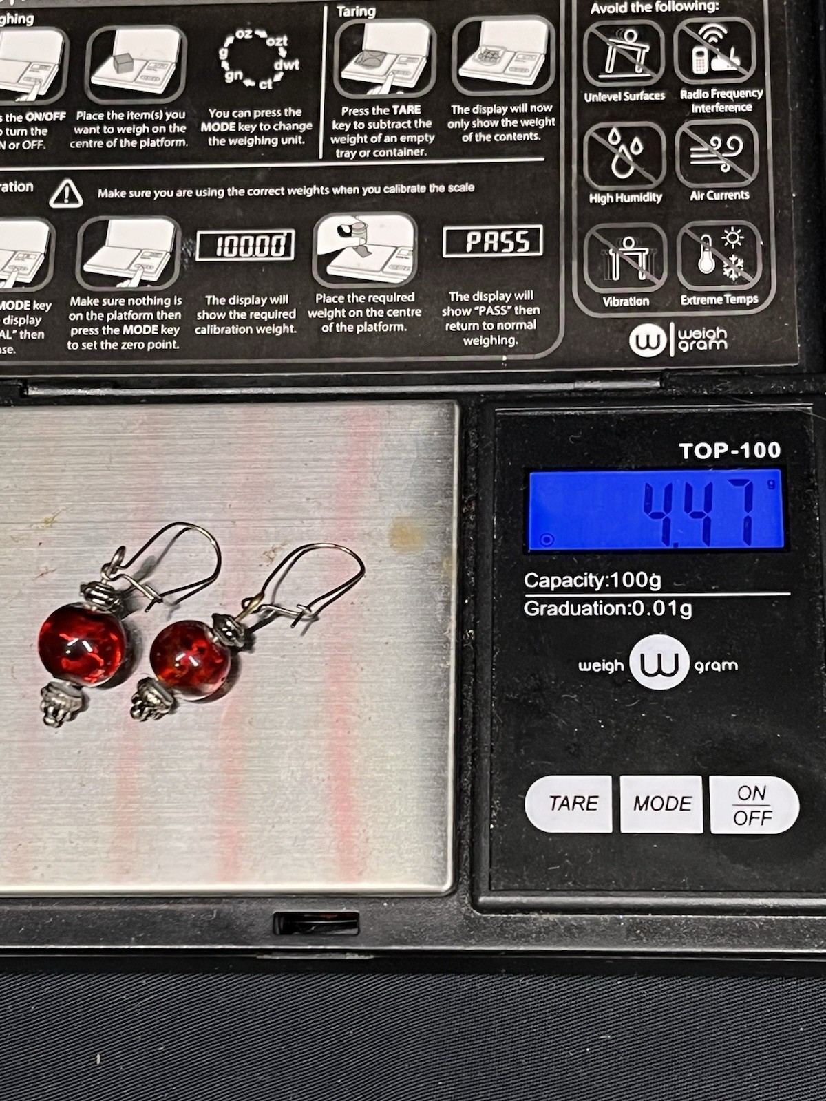 VINTAGE CHERRY RED GLASS 925 STERLING SILVET DANGKE EARRINGS 1.5”