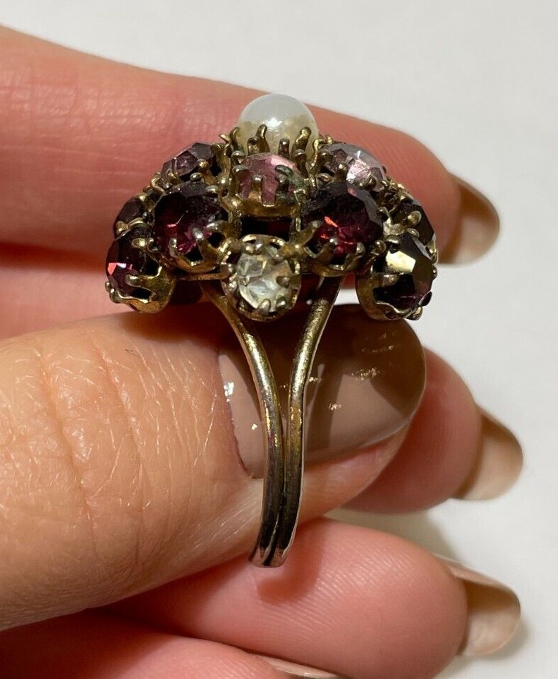 Vintage Art Deco Purple Pink White Cluster Rhinestones Adjustable Sz 6 Ring