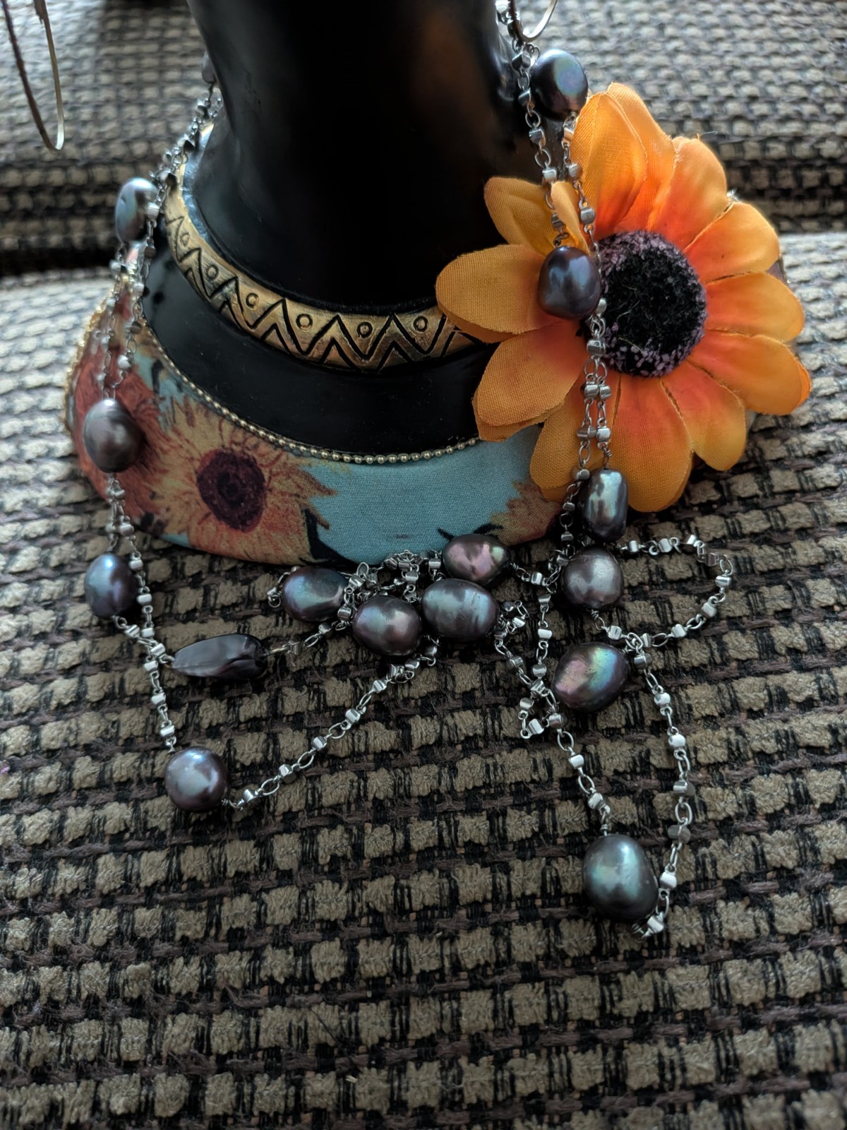 Long vintage black gray and white baroque natural pearl sterling silver necklace