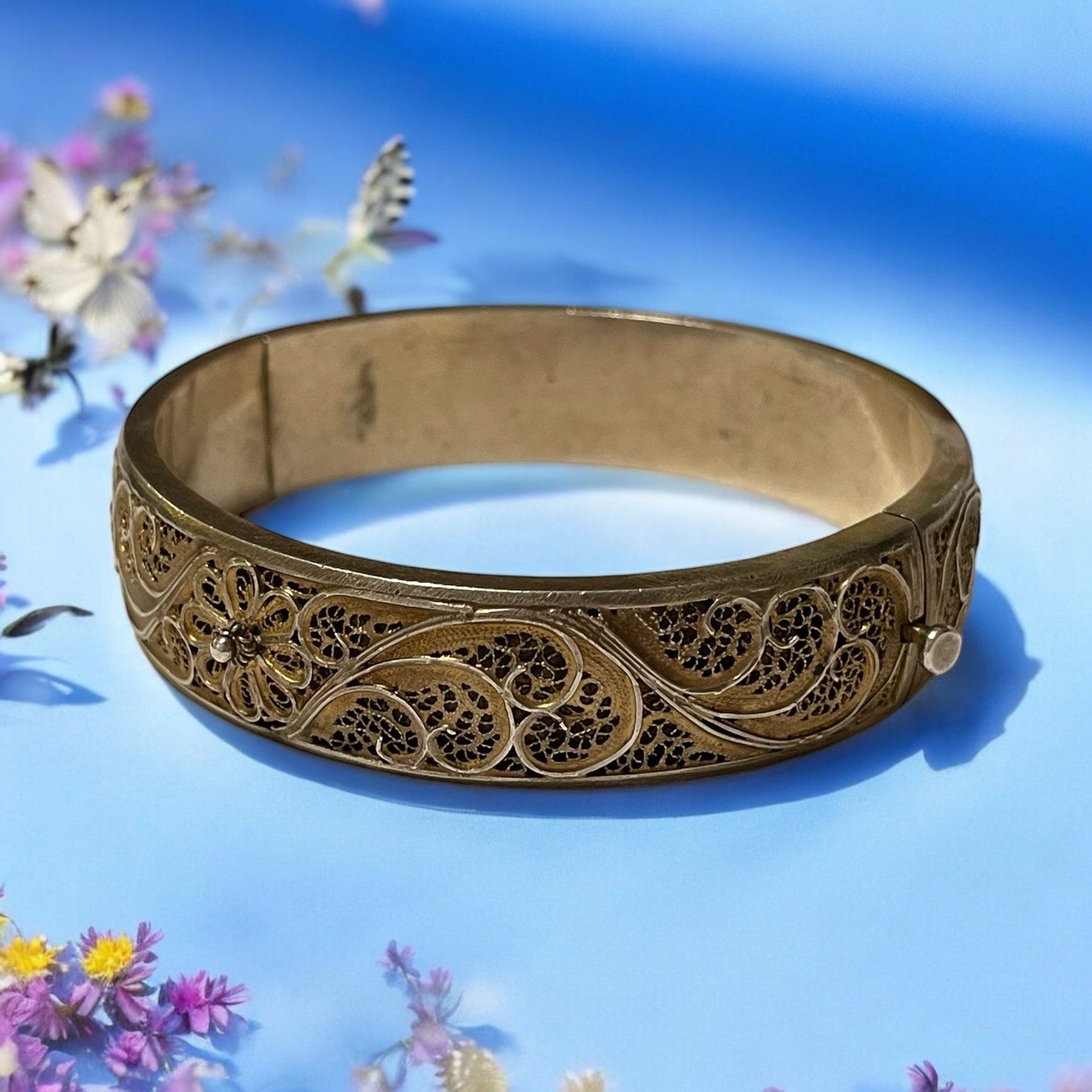 Beautiful Antique Cannetille Filigree Sterling Silver Cuff Bracelet