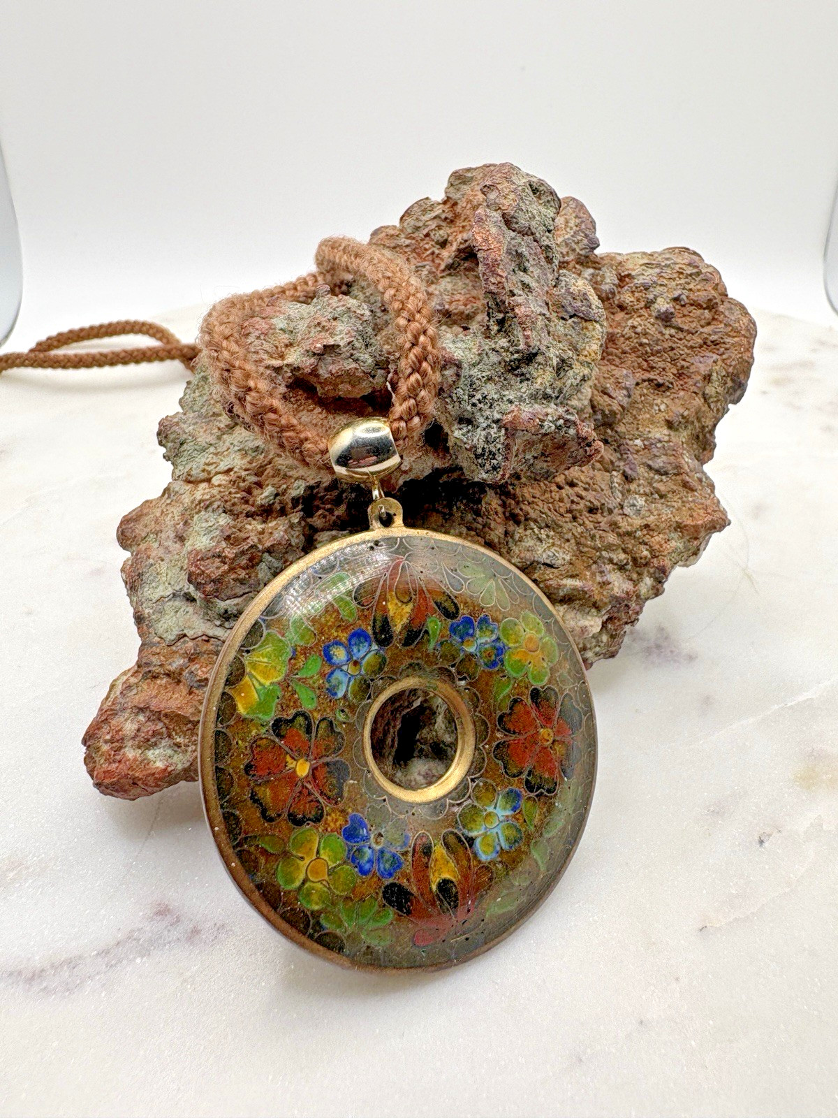Vintage Cloisonné 1970s Large Hand Painted Enamel Floral Donut Pendant Necklace