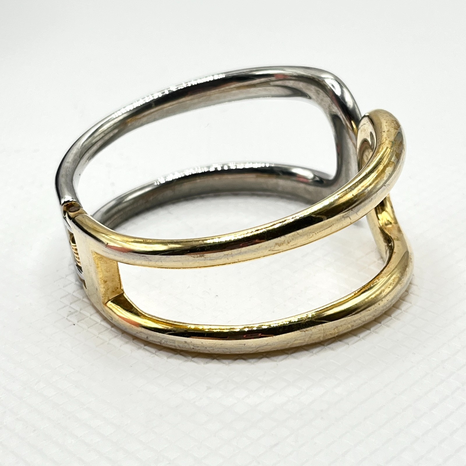Mixed Silver & Gold Tone Metal Sculptural Bracelet w/ Open Work Hinged Bangle