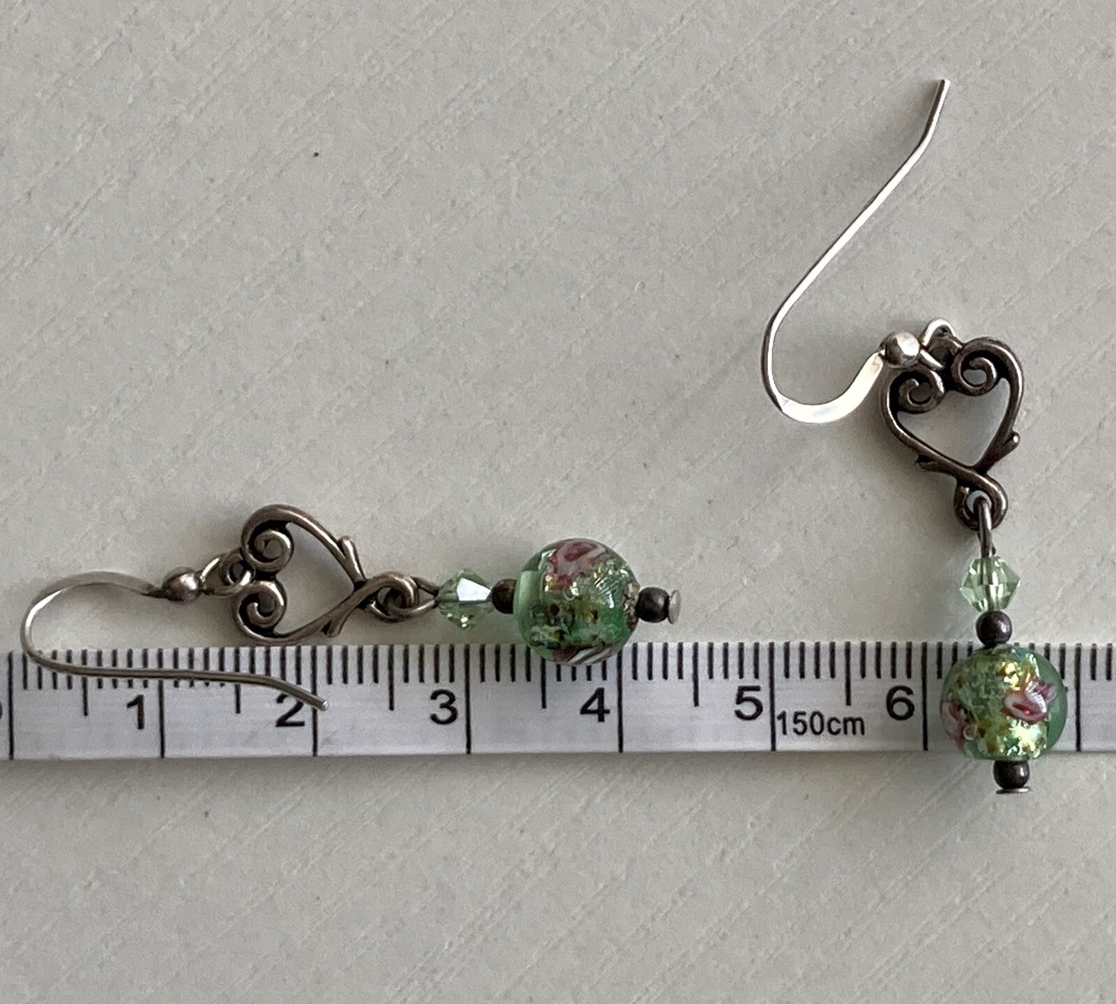Sterling Silver Heart Round Glass Bead Earrings Dangle Drop Green Pink 1.75inch