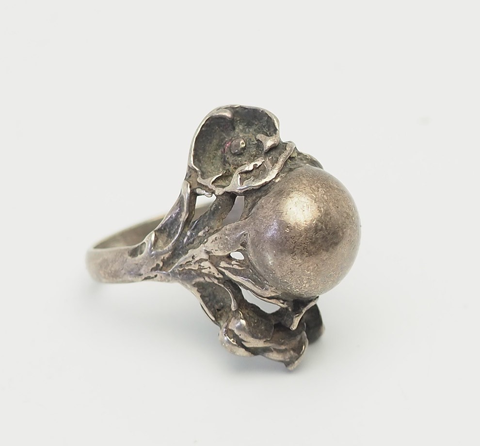Antique Jens Petersen Denmark sterling silver poppy flower Orb ring sz 6.25