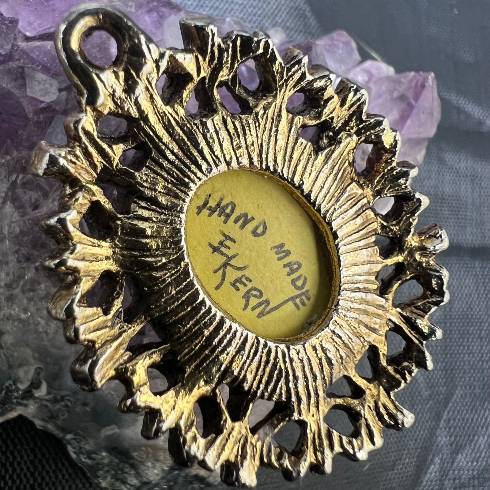 Vtg Dried Flower Pendant Handmade Signed Lucite Dome Gold Tone Victorian Gothic