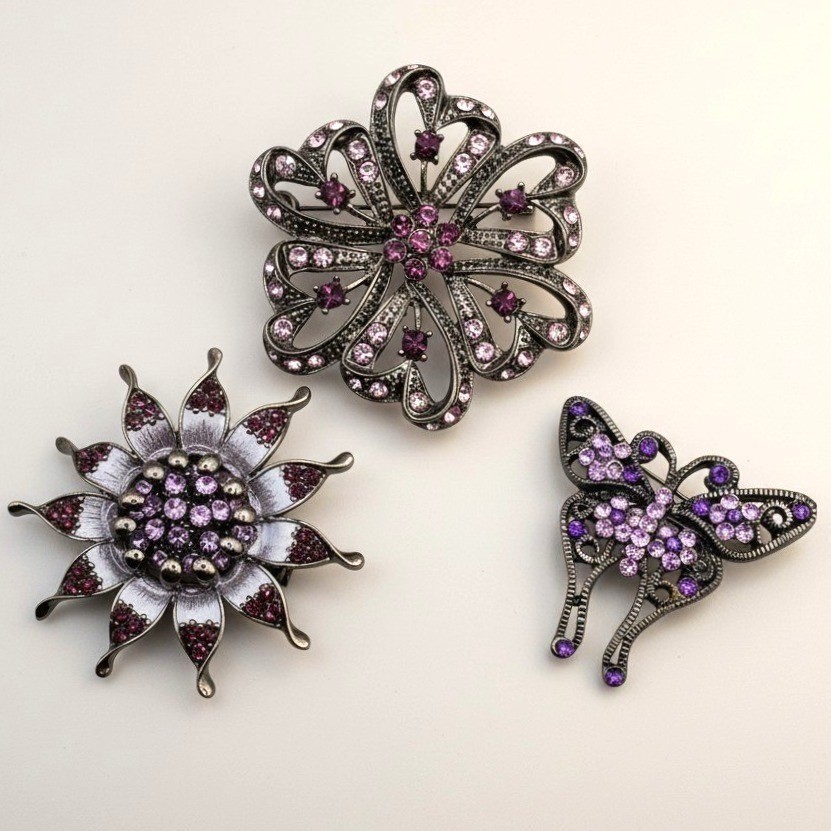 Rhinestone Floral Butterfly Brooch Pin Set 3pc Purple Pink Gunmetal Whimsigoth
