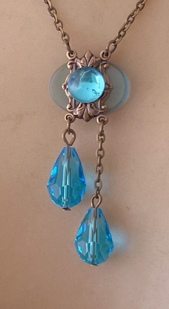 Vintage Necklace Delicate Art Nouveau Brass Pendant Antique Aqua Czech Glass