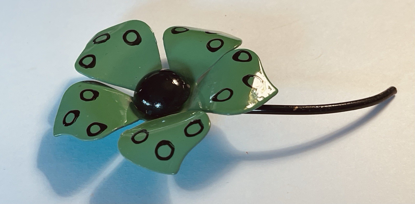Vintage Enamel Dark Green With Black Accents Daisy Flower on Stem Pin Brooch