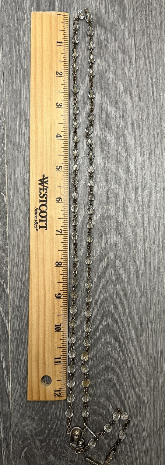 Vintage Catholic Rosary Clear Glass Beads Silver Tone Crucifix Mary Medal