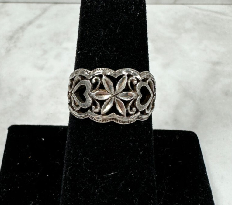 Sterling Silver Flower and Hearts Ring – Open Design – Stamped – Size 6.75
