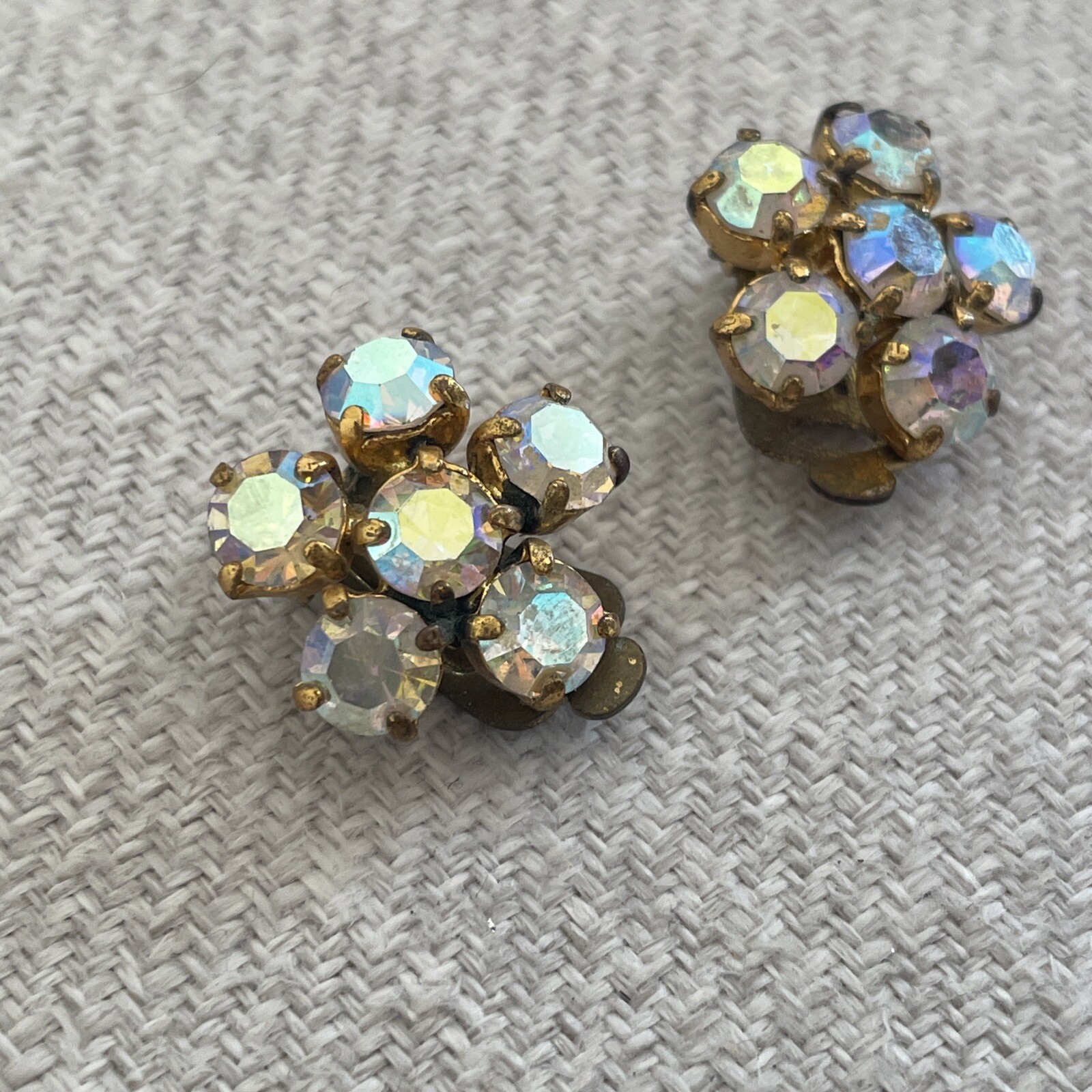 Vintage Floral Cluster Rhinestone Crystal Clip On Earrings Aurora Borealis