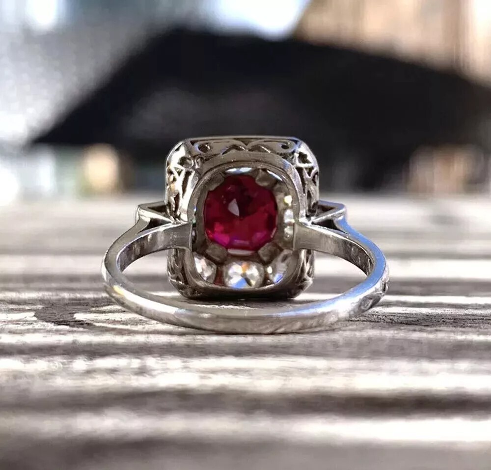 Art Deco Vintage Ruby & Lab Created Diamond Engagement 14K White Gold FN Ring