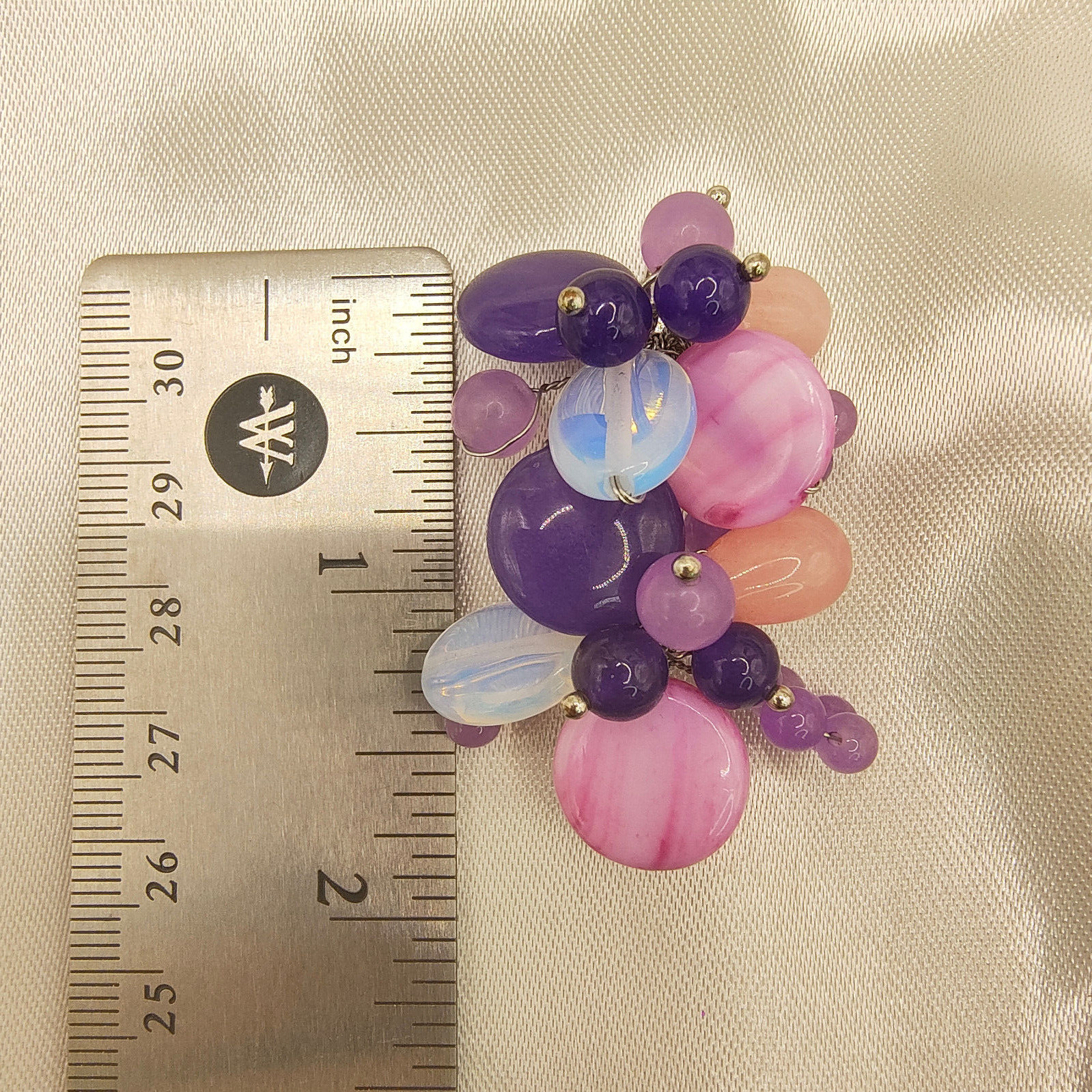 Chunky Purple Art Glass Brooch Pin Silver Tone Glass Beads Cluster Wire Abstract