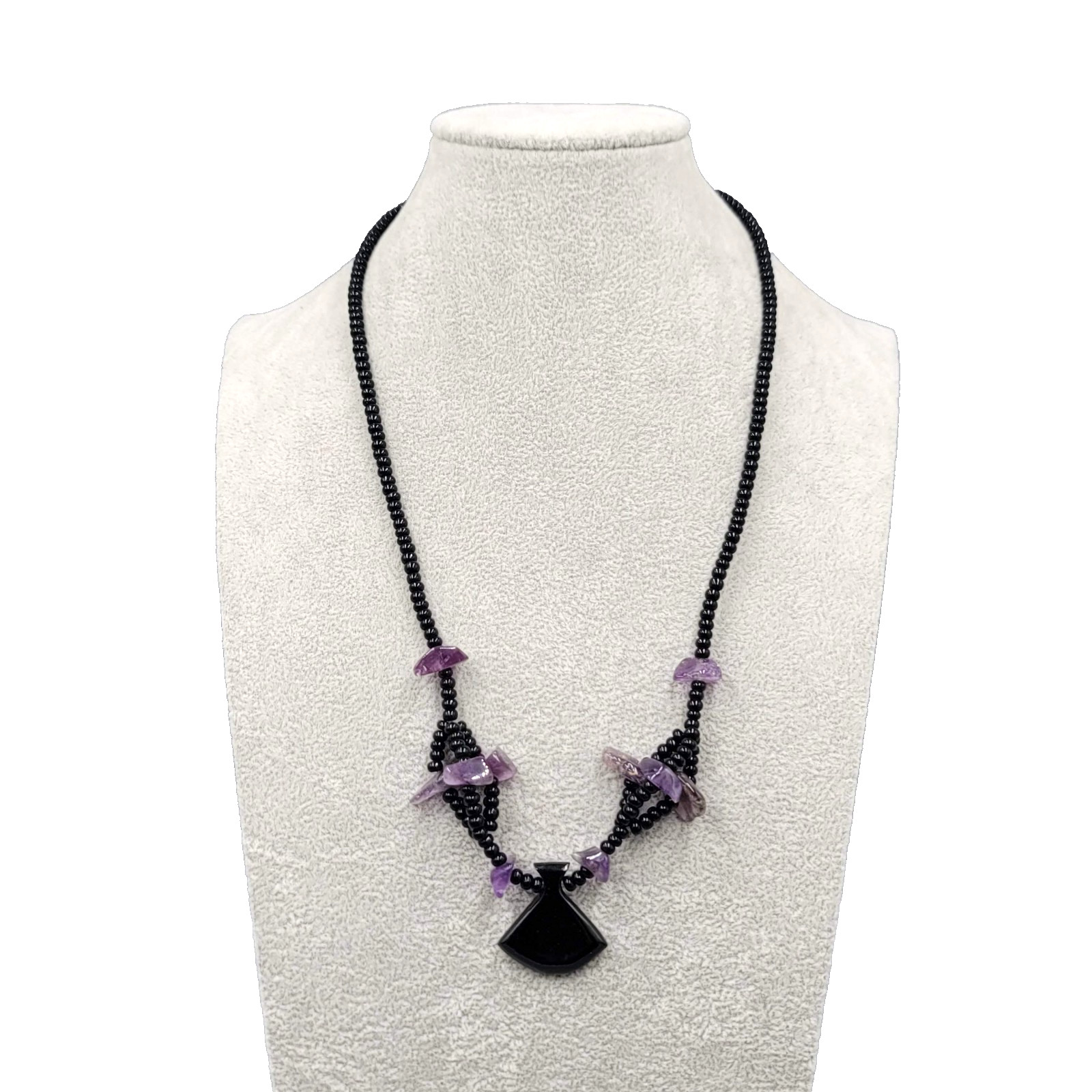 Vintage Amethyst Bead Necklace Black Seed Bead Barrel Clasp 20 in