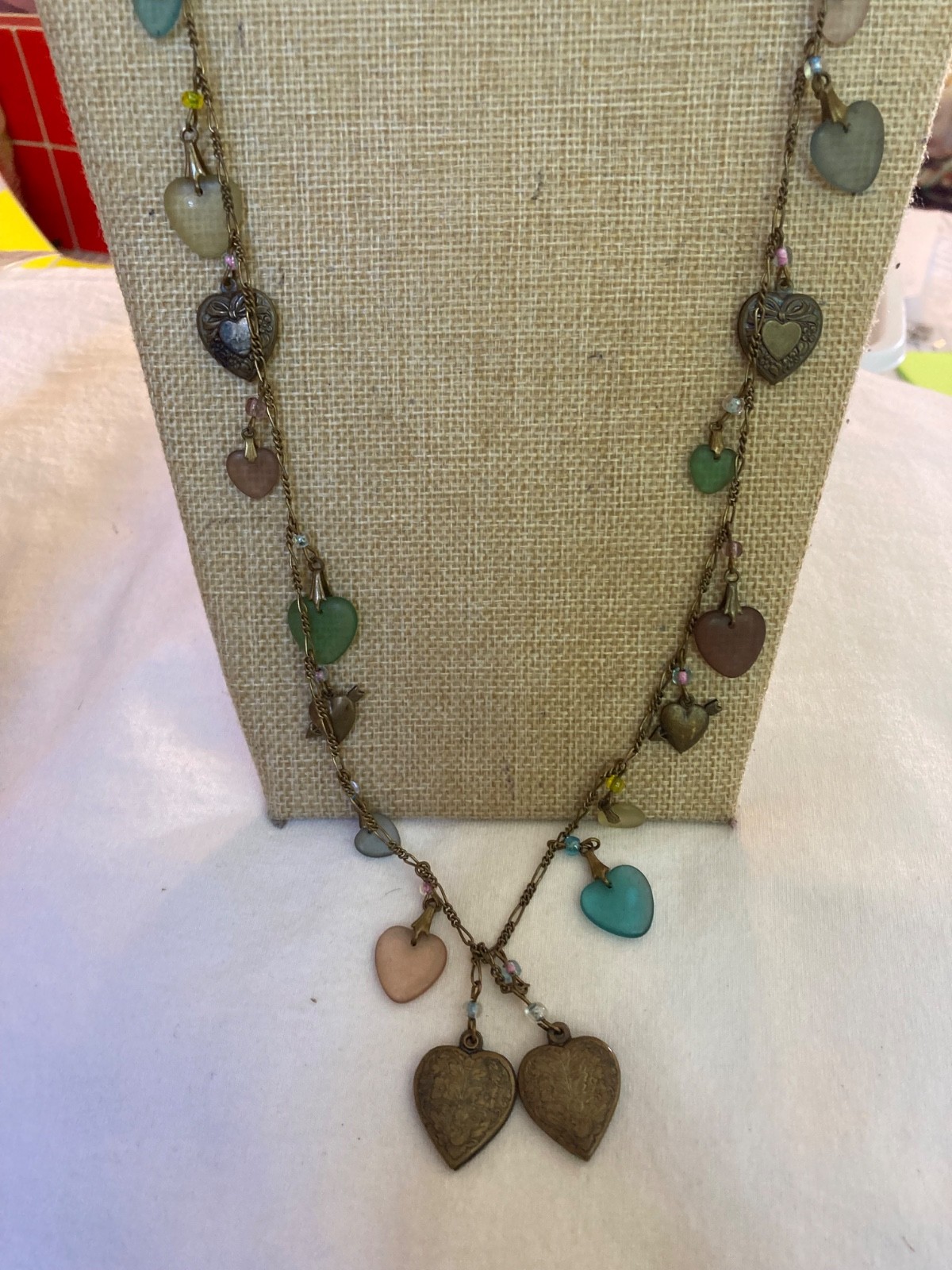 Glass Works Studio Marked Vintage Necklace with Heart Charms and Beads