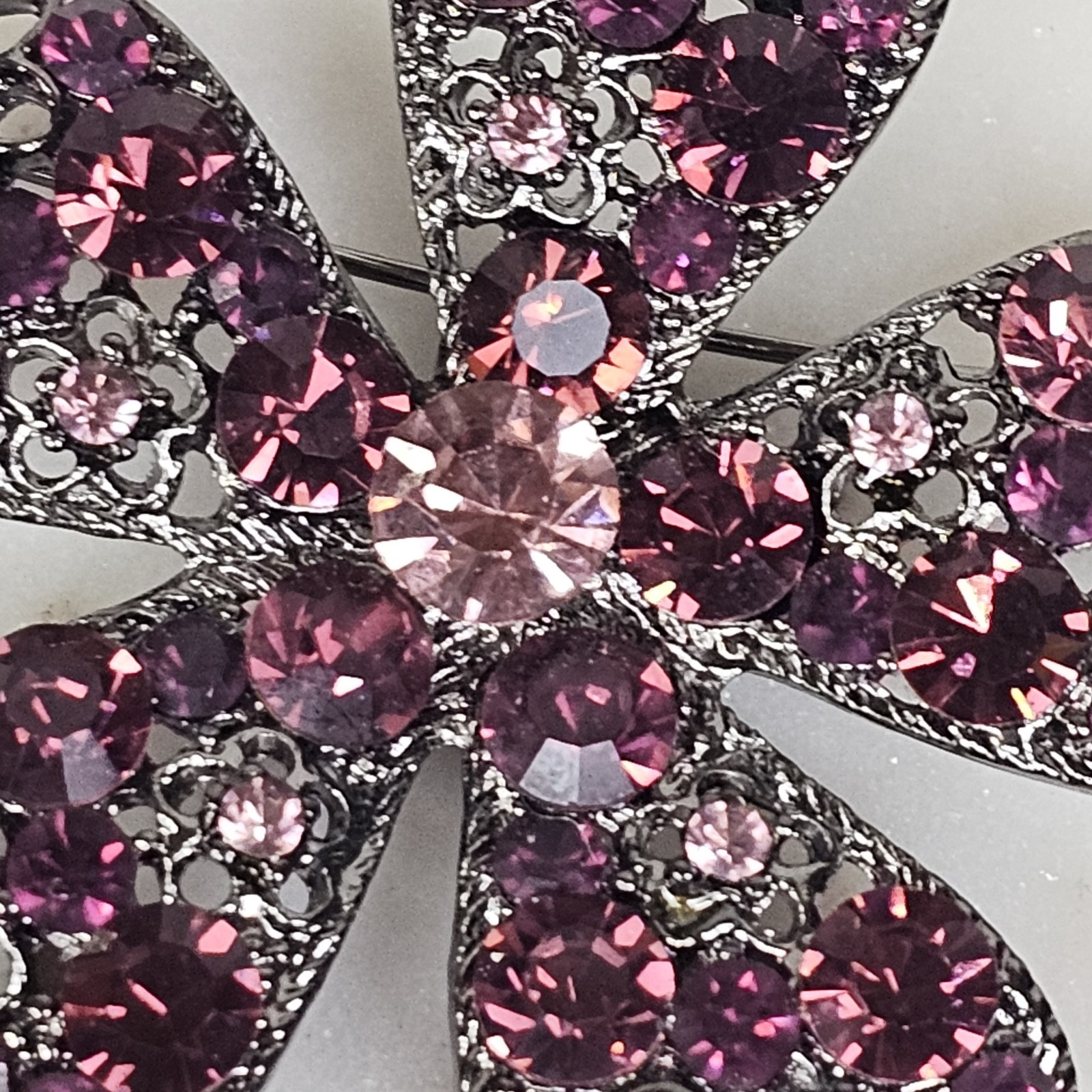 Vintage Purple Flower Rhinestone Gunmetal Pink Crystals Brooch Estate