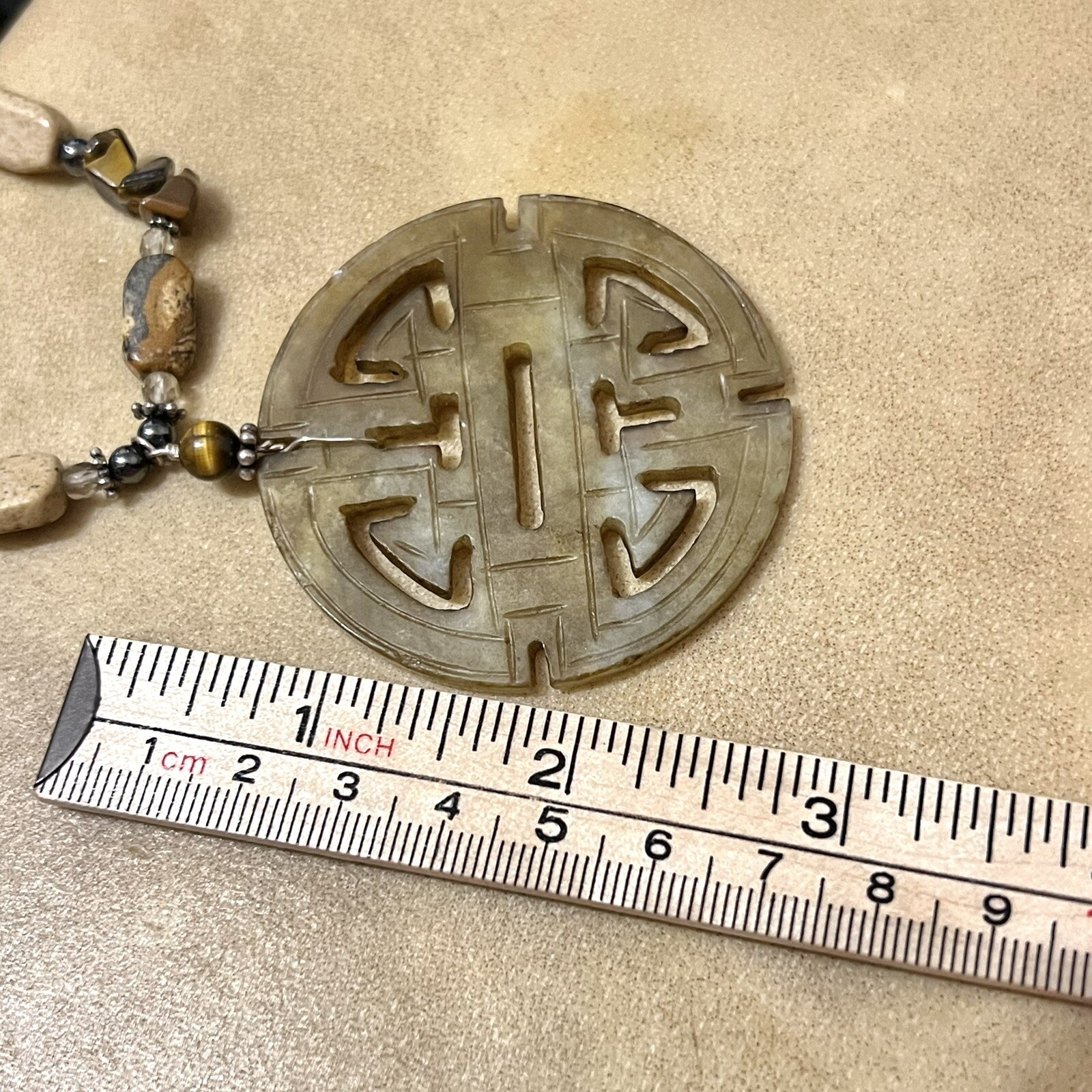 Vintage Asian Jade Carved Stone Pendant, Tigers Eye Beads, Sterling Silver Clasp