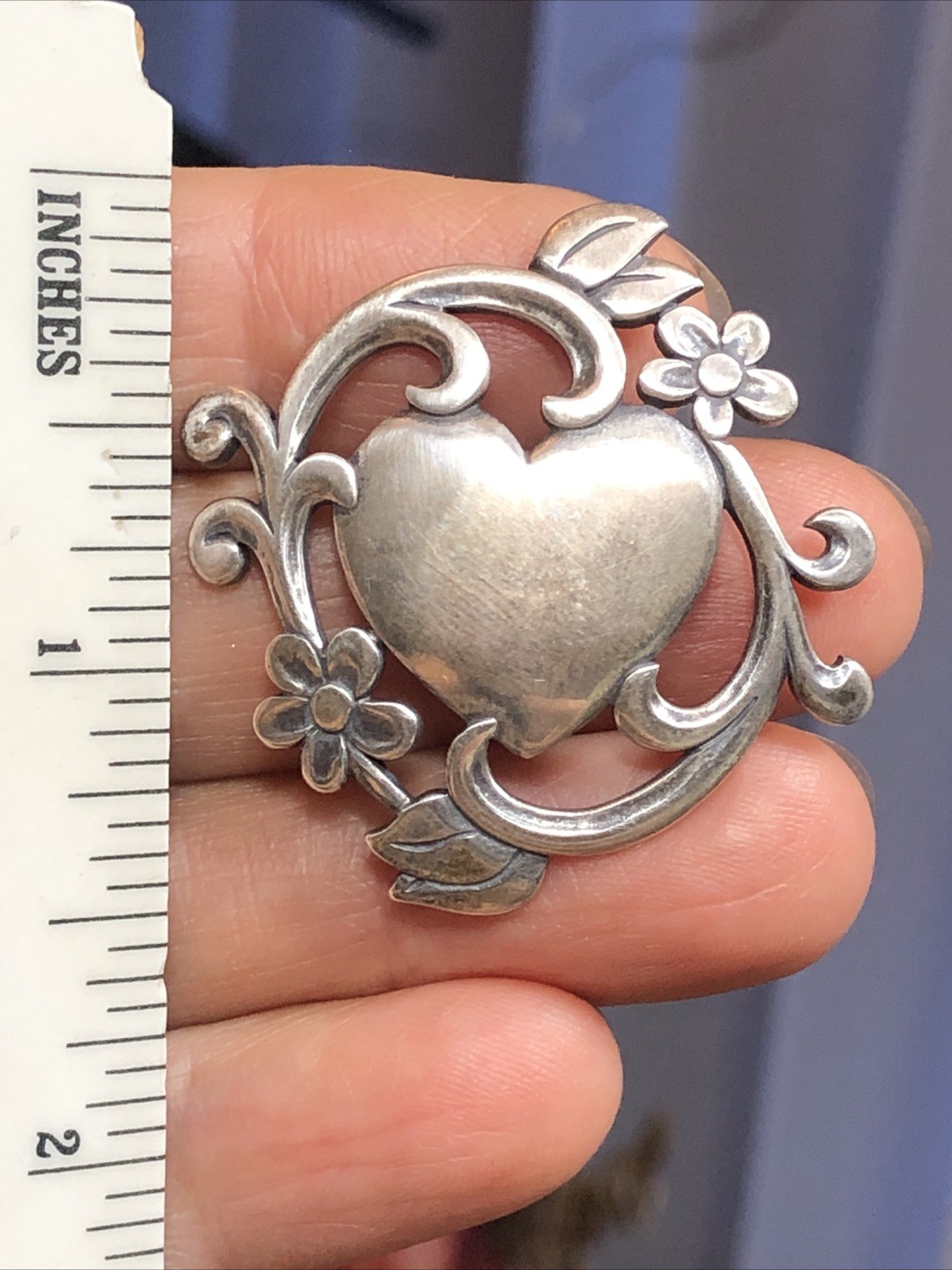 39. Vintage James Avery 925 Sterling Silver Heart Swirl Flowers Pin 37mm, 8.8g