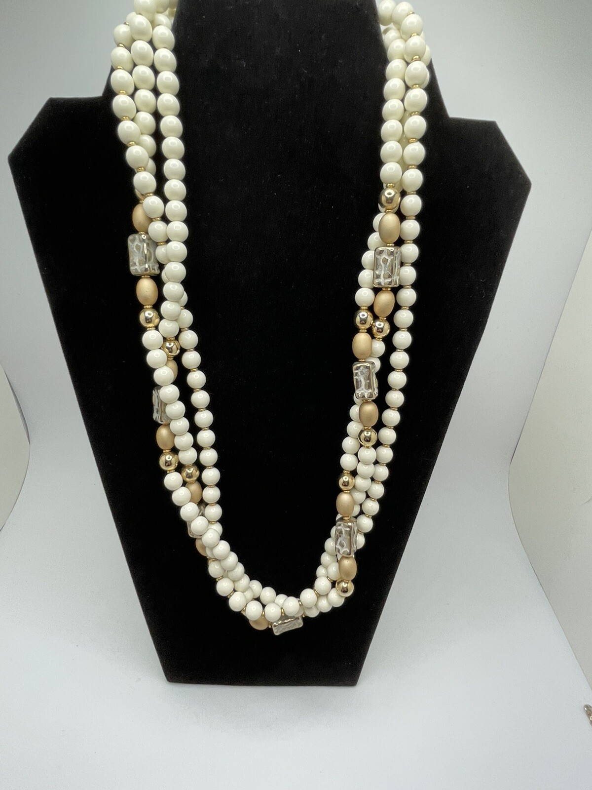 Ivory Necklace Gold Tone Beads 24 inches Triple strand by Alabaster