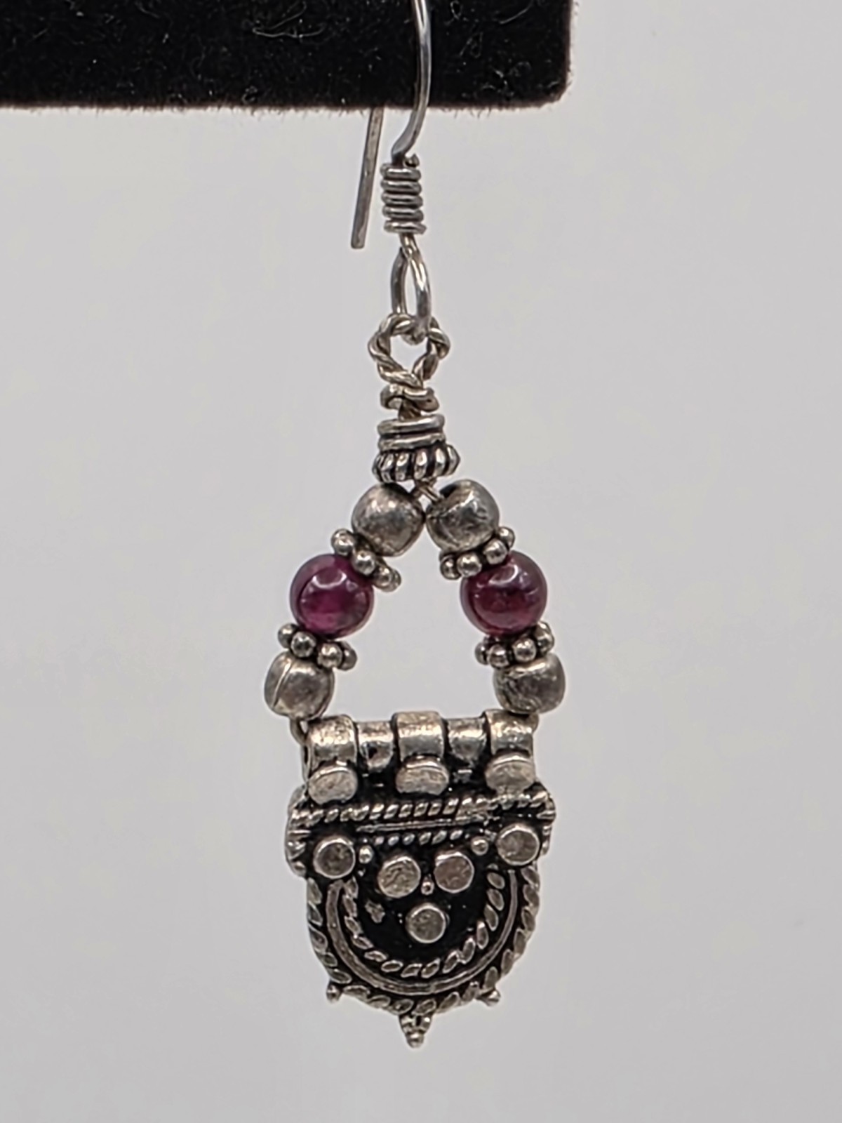 Vintage Dangle Boho Silver And Red Beads Pierced Earrings Hooks Marked 925