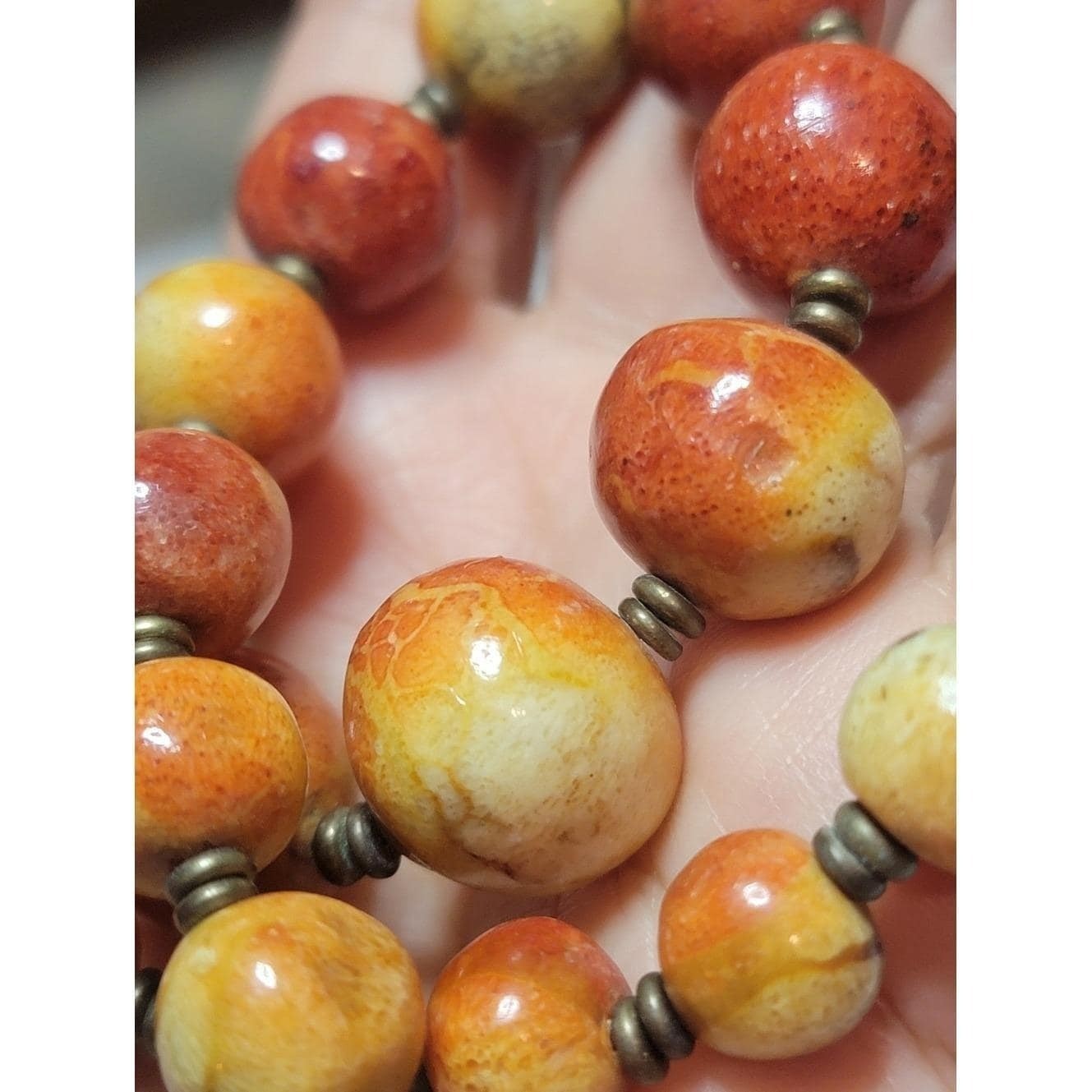 Vintage Sponge Coral Bead Necklace 23″ Orange Red Cream Graduated Brass Spacer