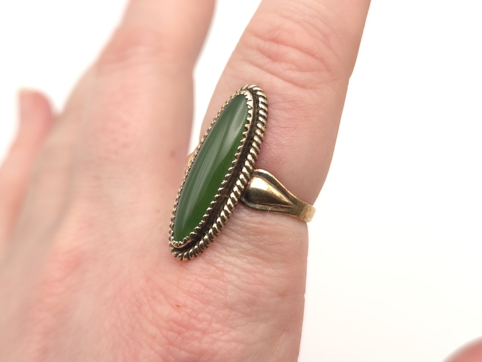 Vintage Sterling Gold Wash Signed JP Jane Popovich Navajo Elongated Jade Ring