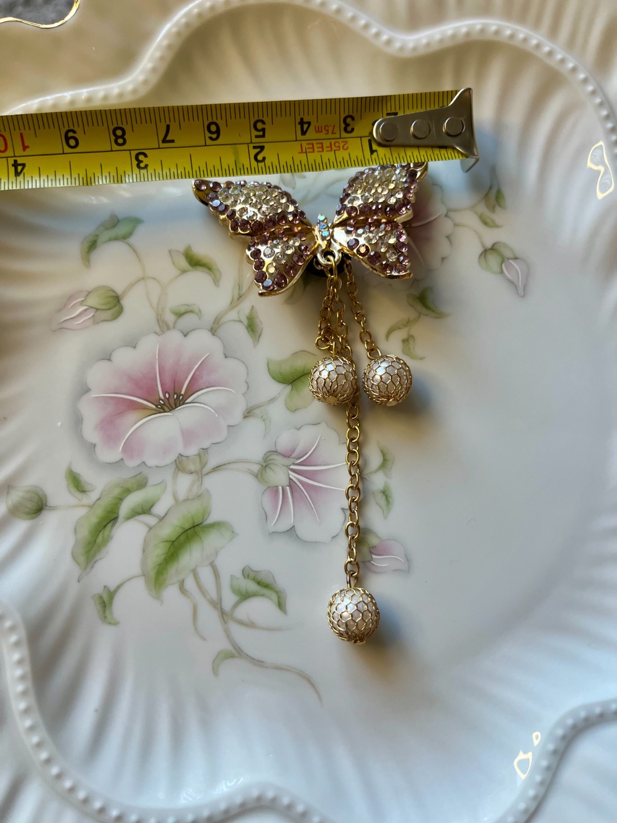 Gemstone butterfly trinket with dangling caged pearls