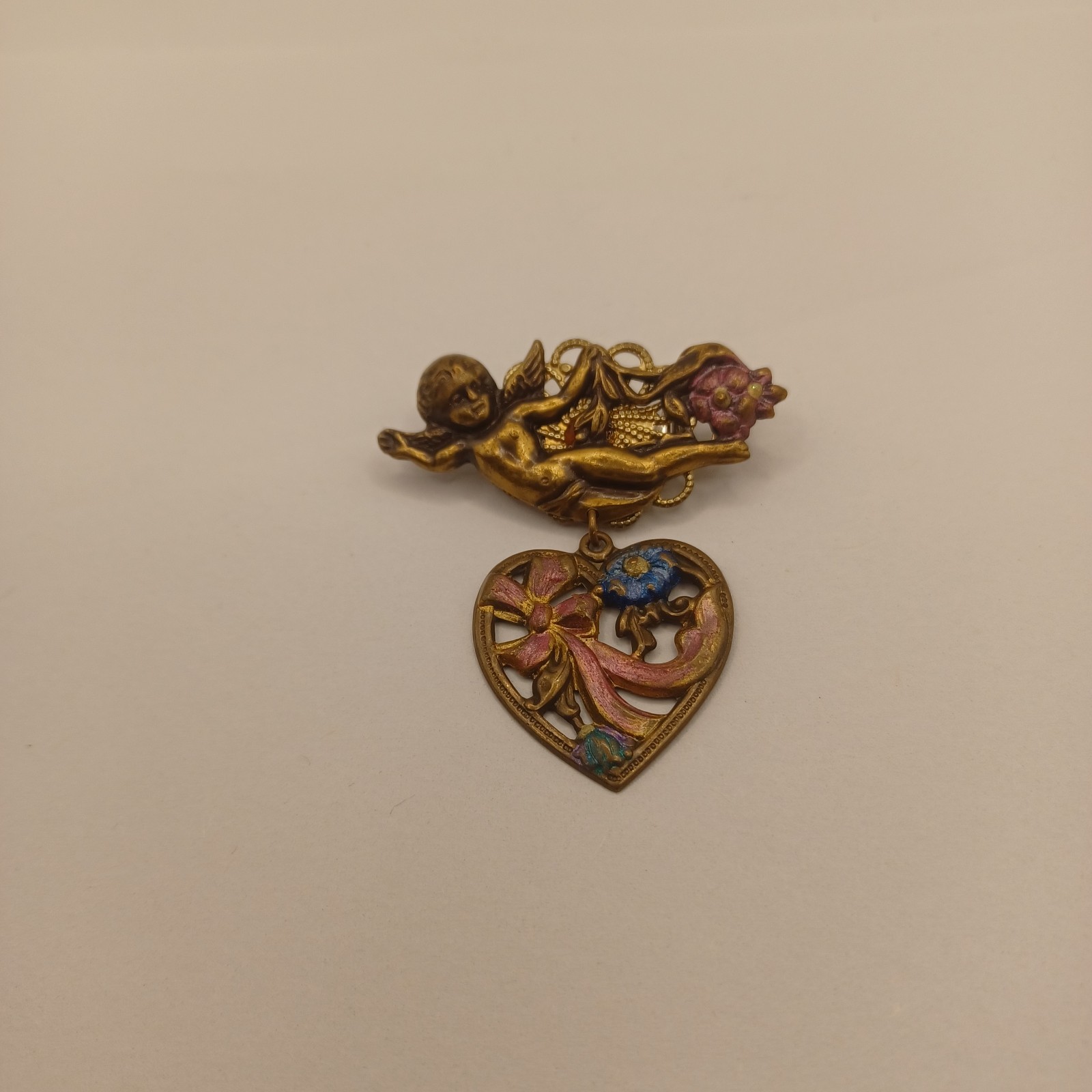 Brass Cherub with Heart Dangle Purple and Blue Enamel flowers and bow Pin Brooch